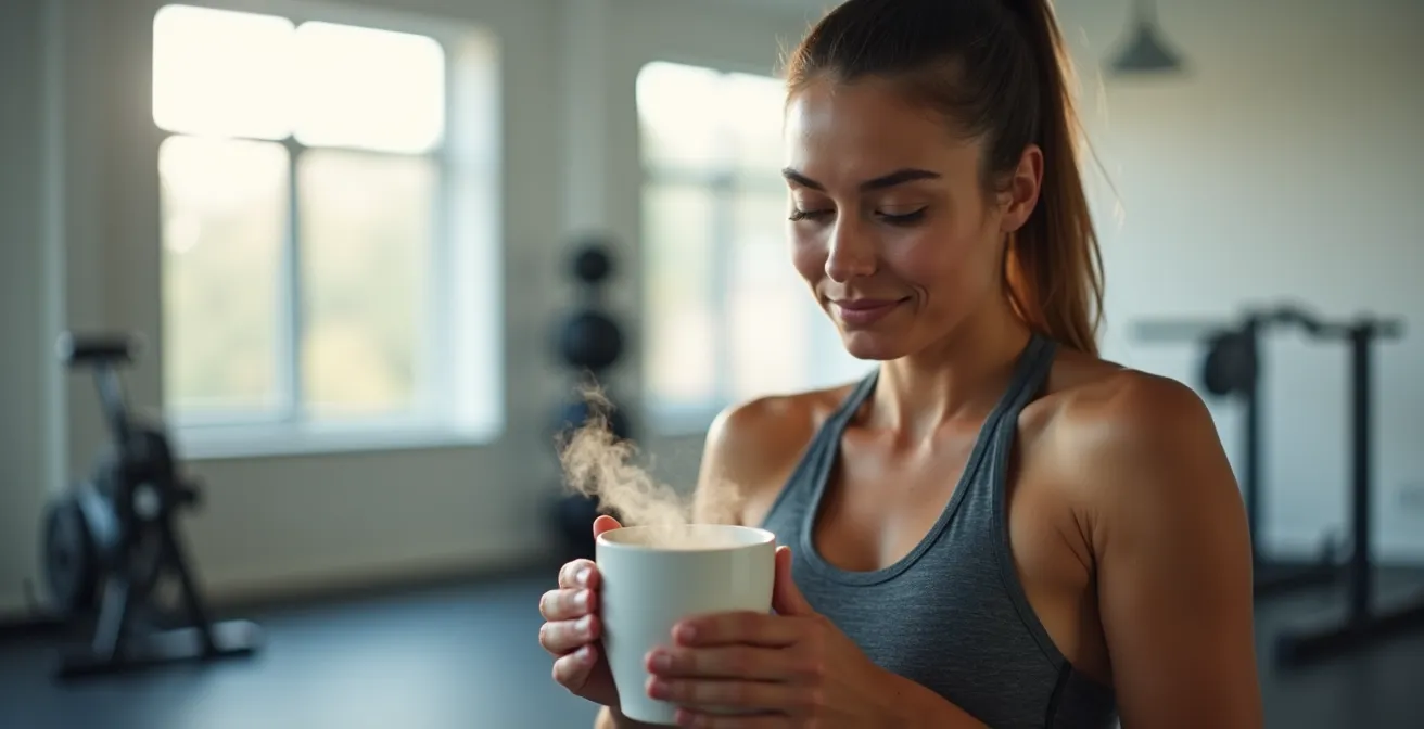 Athlète en tenue de récupération tenant une tasse de thé fumante dans un environnement sportif épuré