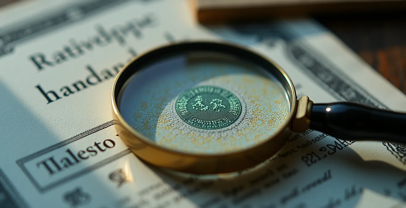 Vue macro d'une loupe examinant un certificat bio avec hologramme de sécurité