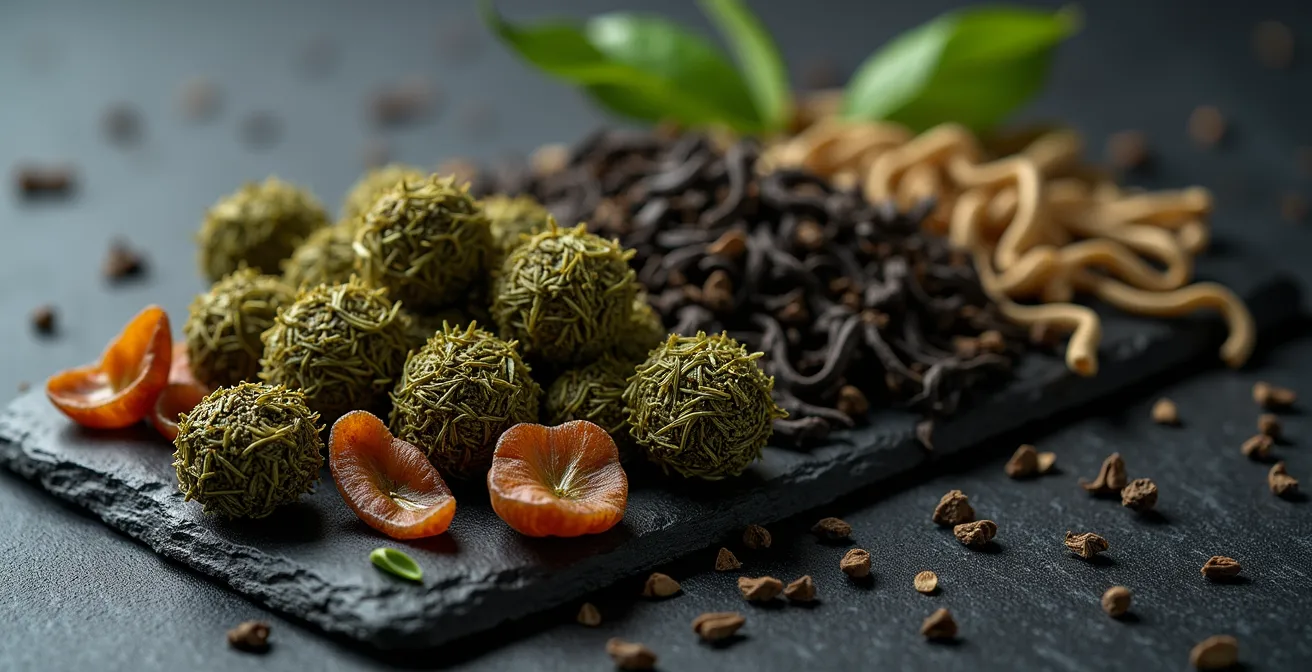 Vue macro de différentes feuilles de thé révélant leurs textures et couleurs uniques