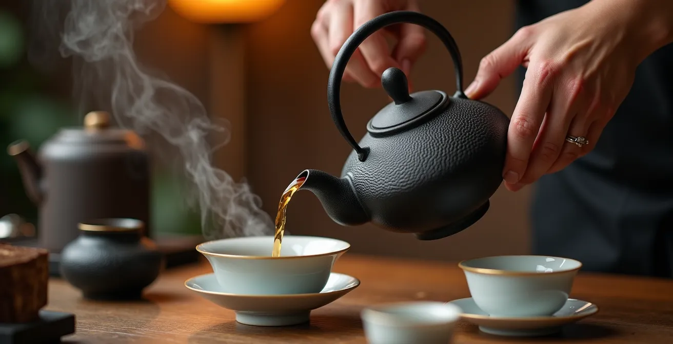 Gros plan sur des mains expertes versant délicatement du thé dans une porcelaine fine