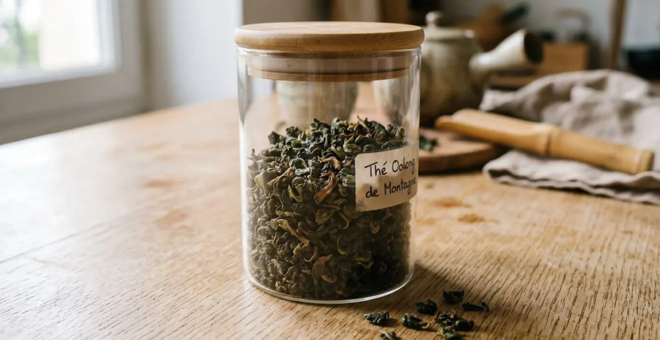 Des feuilles de thé oolong roulées conservées dans un bocal en verre hermétique avec couvercle, posé sur une surface en bois clair avec lumière naturelle douce