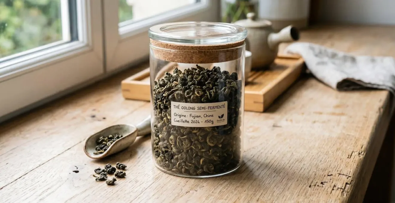 Des feuilles de thé oolong roulées conservées dans un bocal en verre hermétique avec couvercle, posé sur une surface en bois clair avec lumière naturelle douce