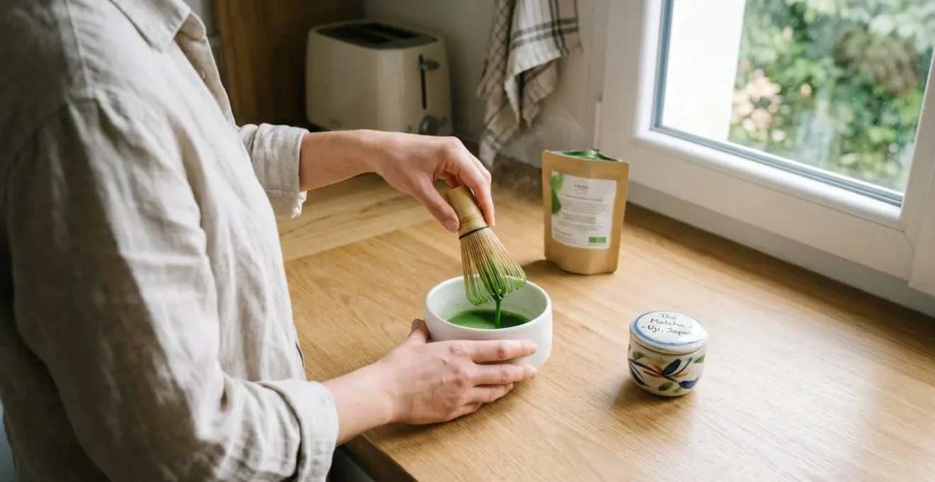 Des mains versent lentement du thé matcha vert vif depuis un fouet en bambou dans un bol en céramique blanche, sur un plan de travail en bois clair dans une cuisine moderne baignée de lumière matinale