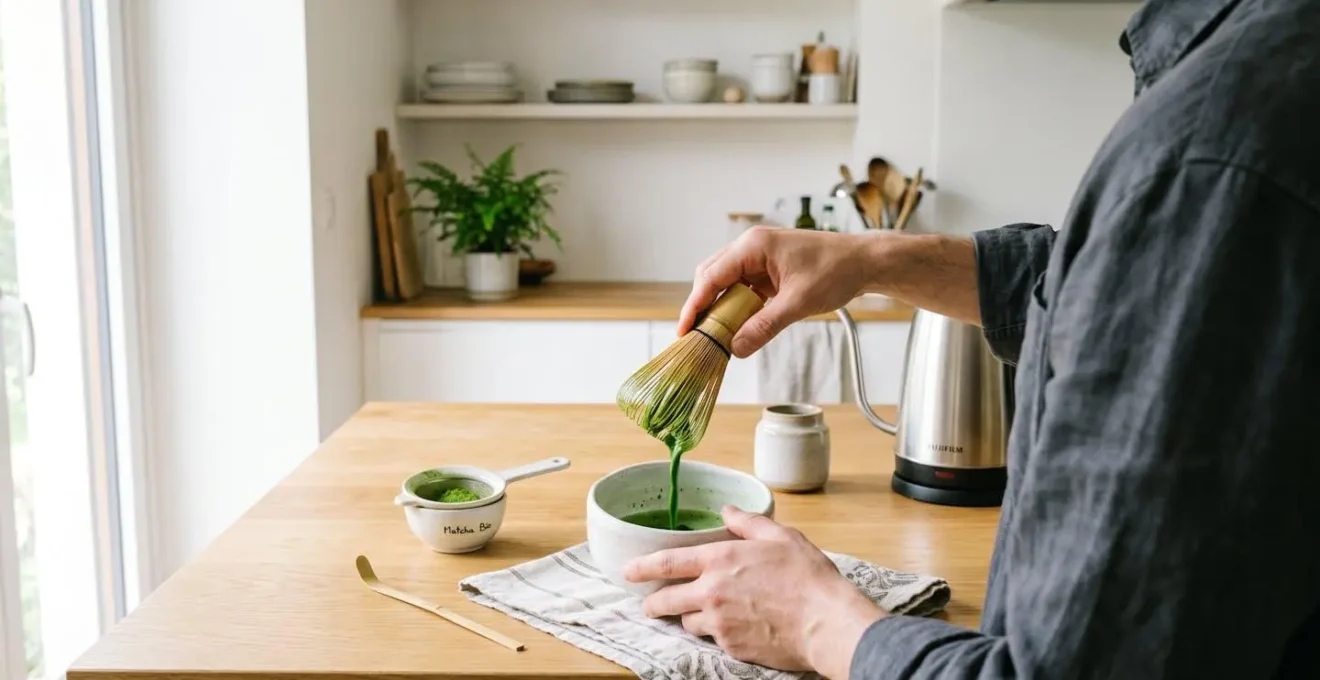 Des mains versent lentement du thé matcha vert vif depuis un fouet en bambou dans un bol en céramique blanche, sur un plan de travail en bois clair dans une cuisine moderne baignée de lumière matinale