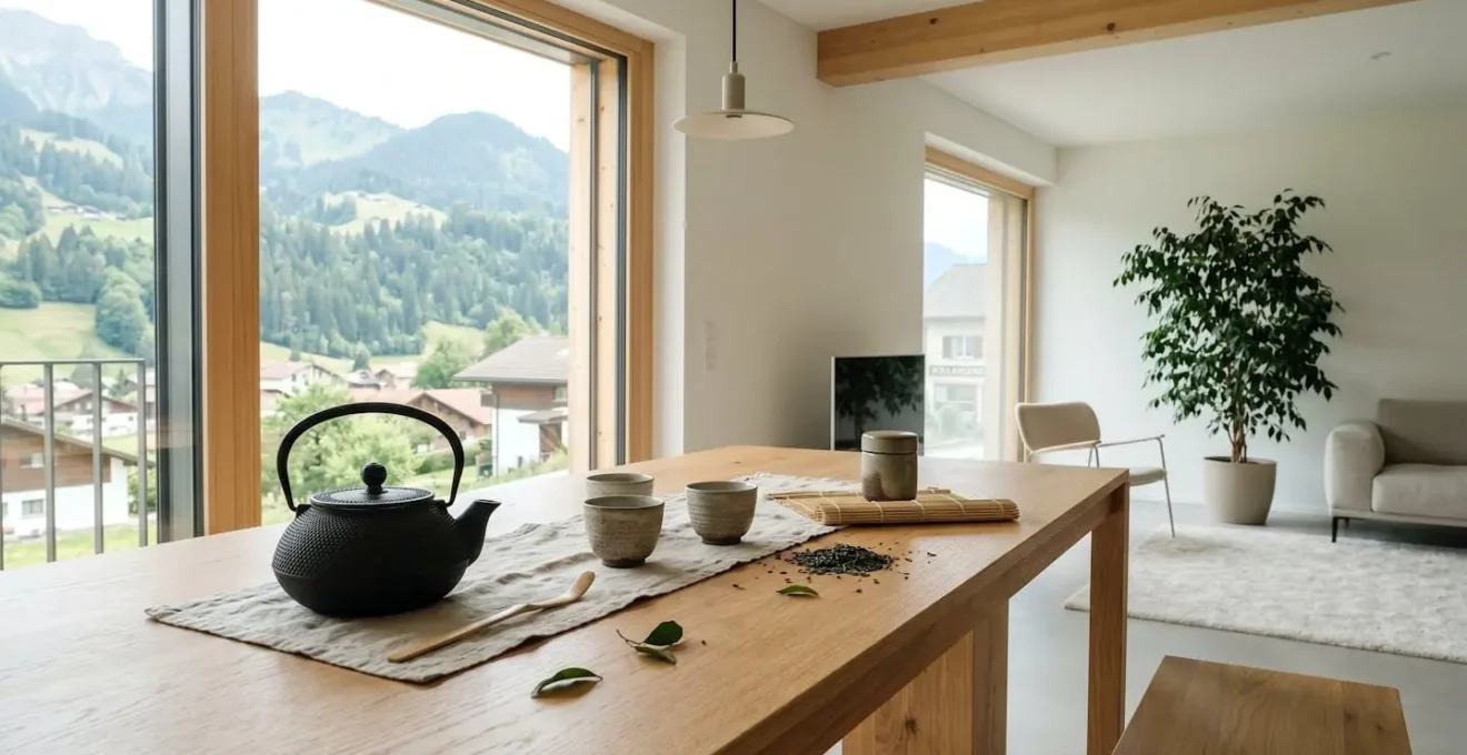 Une table basse en bois clair présente une théière en fonte noire et trois tasses en céramique artisanale, avec des feuilles de thé dispersées, baignée par la lumière naturelle d'une fenêtre dans un intérieur contemporain zen