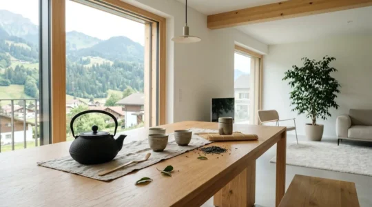 Une table basse en bois clair présente une théière en fonte noire et trois tasses en céramique artisanale, avec des feuilles de thé dispersées, baignée par la lumière naturelle d'une fenêtre dans un intérieur contemporain zen