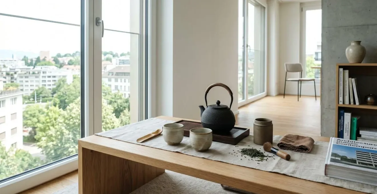 Une table basse en bois clair présente une théière en fonte noire et trois tasses en céramique artisanale, avec des feuilles de thé dispersées, baignée par la lumière naturelle d'une fenêtre dans un intérieur contemporain zen