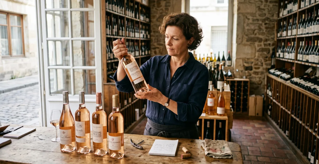 Un caviste examine une bouteille de vin rosé dans sa boutique.