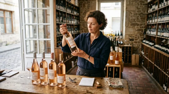 Un caviste examine une bouteille de vin rosé dans sa boutique.