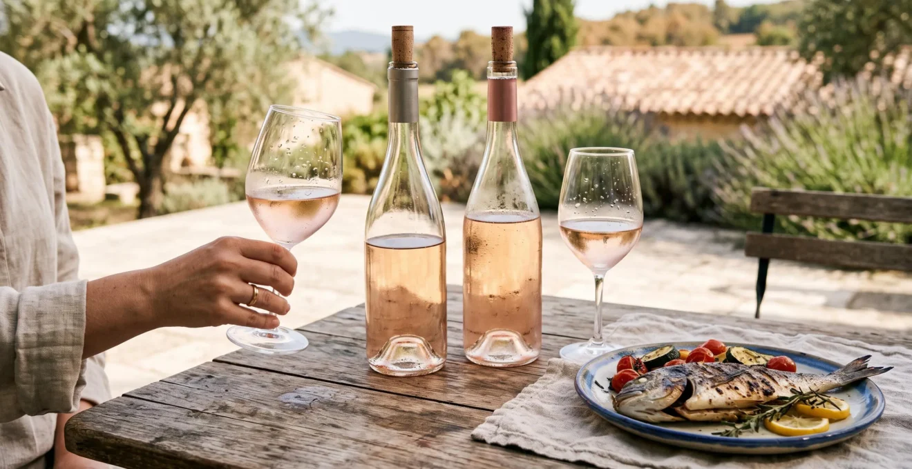 Deux verres de rosé servis sur une table avec un plat de poisson grillé.